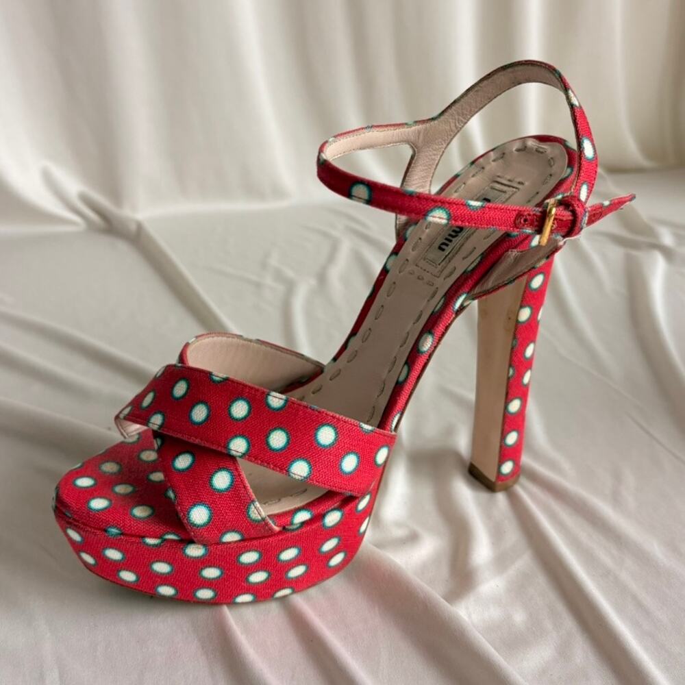 Miu Miu Polka-Dot Canvas Platform Sandals - 2010 SS Collection, EU 37/US 7